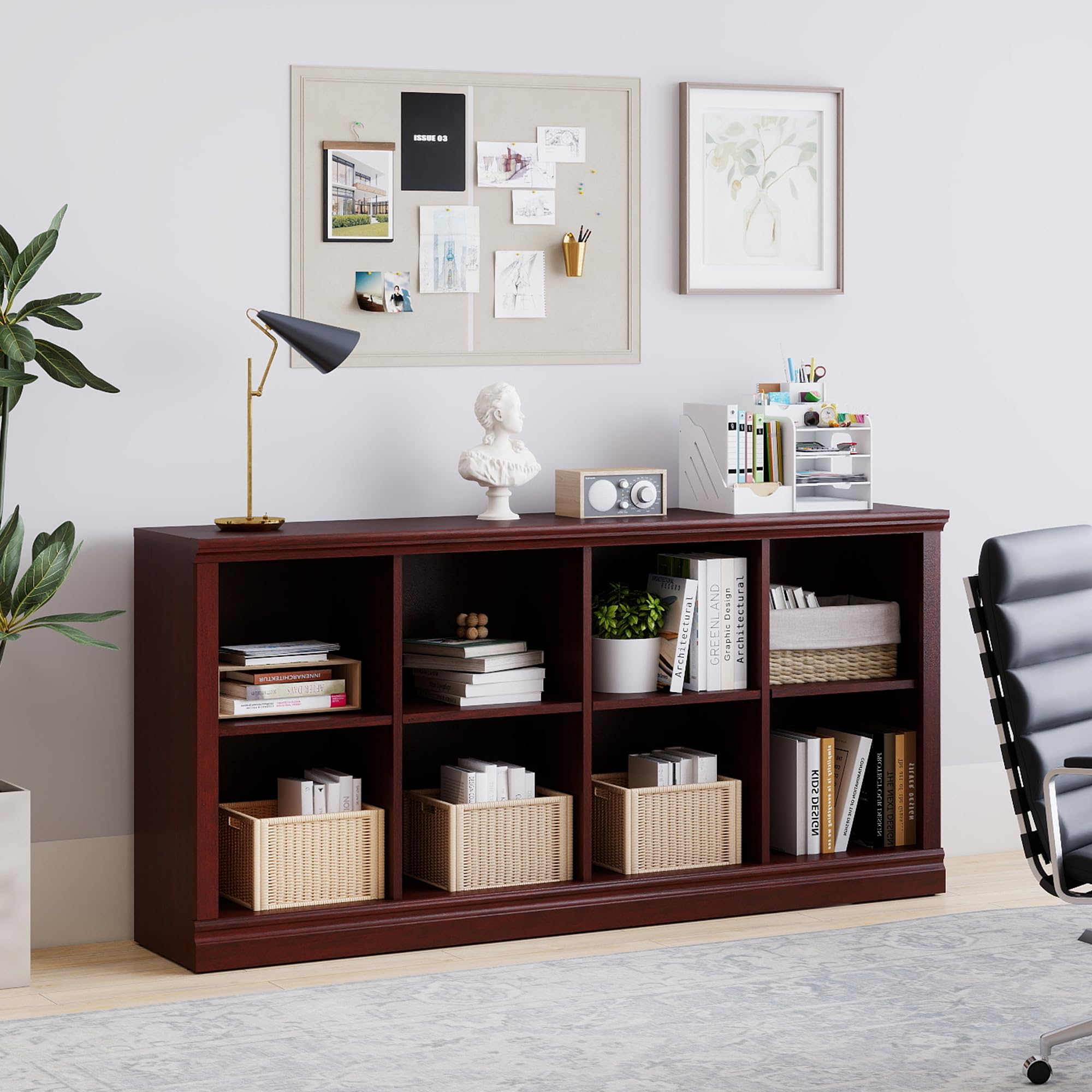 2 Tiers 8 Cube Storage Organizer Bookcase, 54 inch Width Wooden Book Shelf