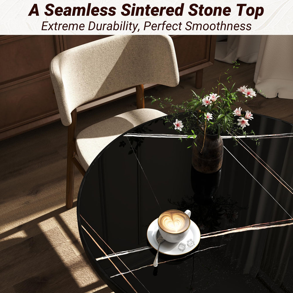 hausway 31.5" Tulip Table,Round Kitchen Dining Table for 2-4 with Thick Sintered Stone Top,Titanium Golden Pedestal Base,Heat-Resistant,Bistro Table for Dining Room,Café,Small Space（Gilded Chord）