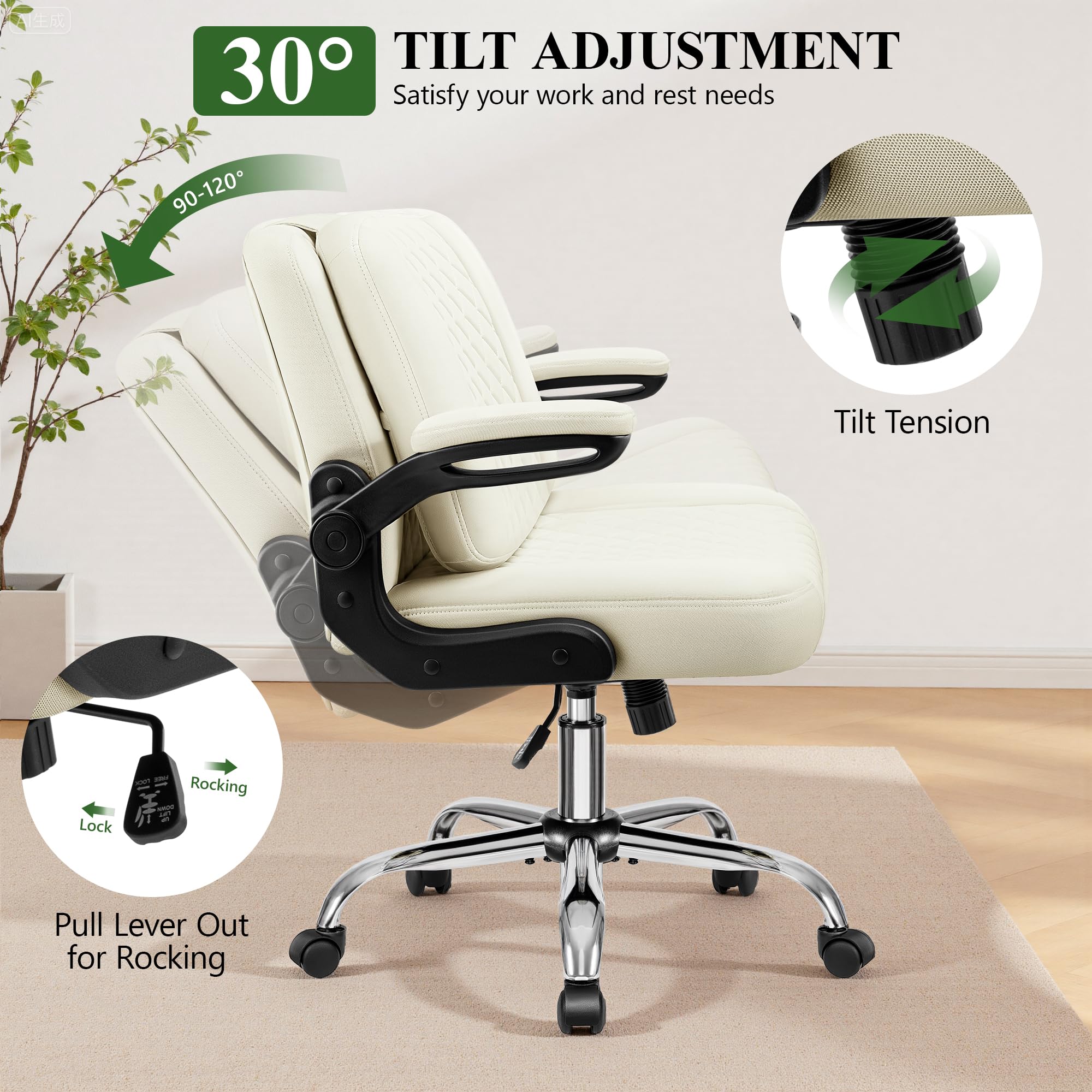 Criss Cross Office Chair with 2-in-1 Flip Backrest – Ergonomic PU Leather Floor Sitting Chair, Adjustable Height, 360° Swivel & Flip-Up Arms, Extra-Wide Seat for Home Office, Vanity, Nail Salon-White