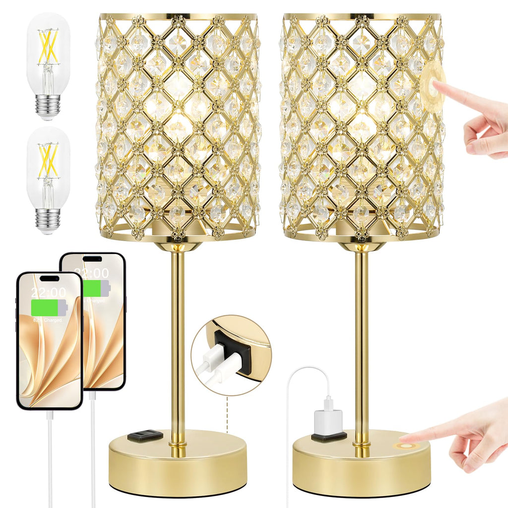 Gold Touch Control Crystal Table Lamp Set of 2, Dimmable Nightstand Lamps