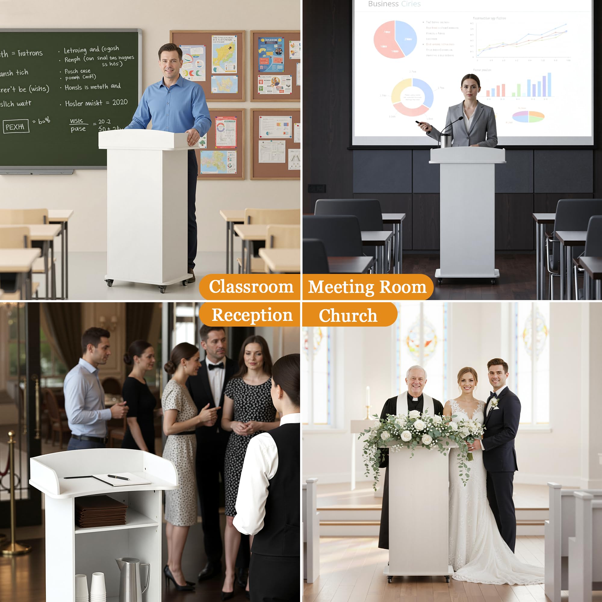 Podium Stand with Wheels (White（Metal Wheel）)