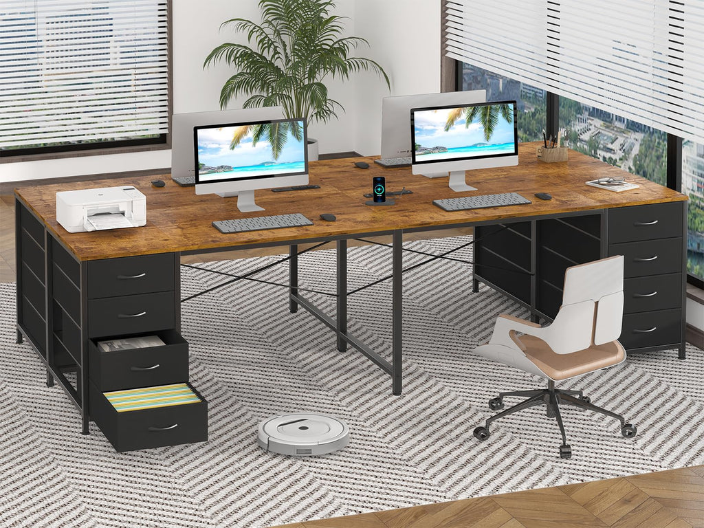95'' Two Person Desk with 8 Drawers, Long Office Desk with Charging Station, 2 Person Desks Double Desk Writing Study Table for Home Office, Brown and White, Brown and Black