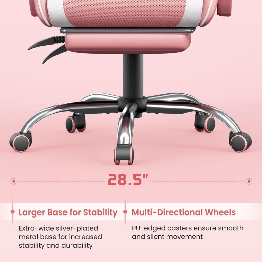 Gaming Chair, Video Game Chair with Massage Lumbar Support and Footrest Height Adjustable Ergonomic Computer Chair with Swivel Seat and Headrest, Pink/White
