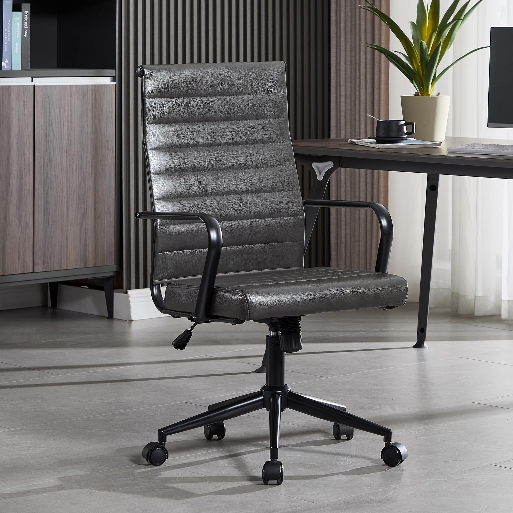 Genuine Leather Office Chair, Mid-Century Modern Real Leather Conference Room Chairs, Ergonomic Executive Ribbed Height Adjustable Swivel Rolling Desk Chair for Home Office.