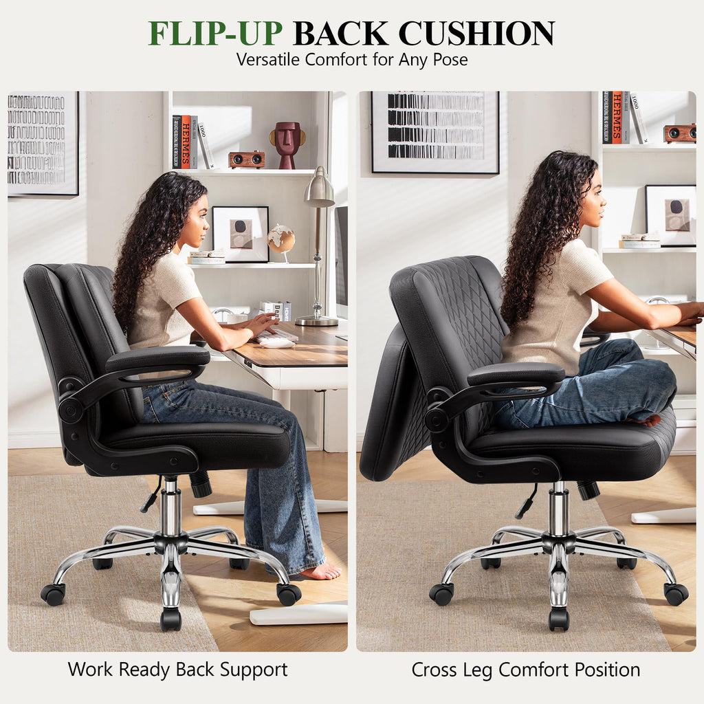 Criss Cross Office Chair with 2-in-1 Flip Backrest – Ergonomic PU Leather Floor Sitting Chair, Adjustable Height, 360° Swivel & Flip-Up Arms, Extra-Wide Seat for Home Office, Vanity, Nail Salon-Black