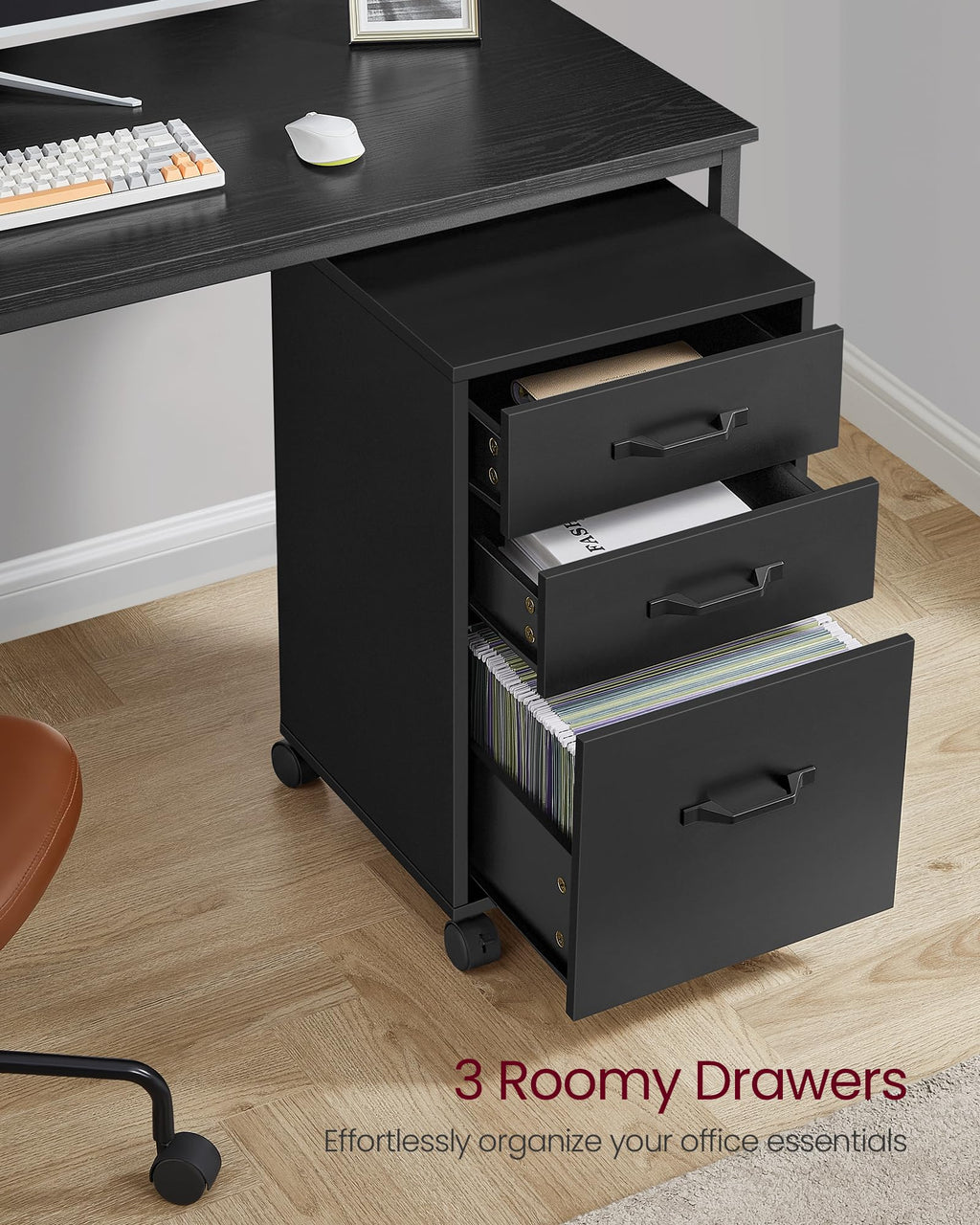 Mobile File Cabinet, 3 Drawers Filing Cabinet with Wheels, for Home Office, for A4, Letter Sized Documents, Adjustable Hanging Rail for File Folders, Ink Black