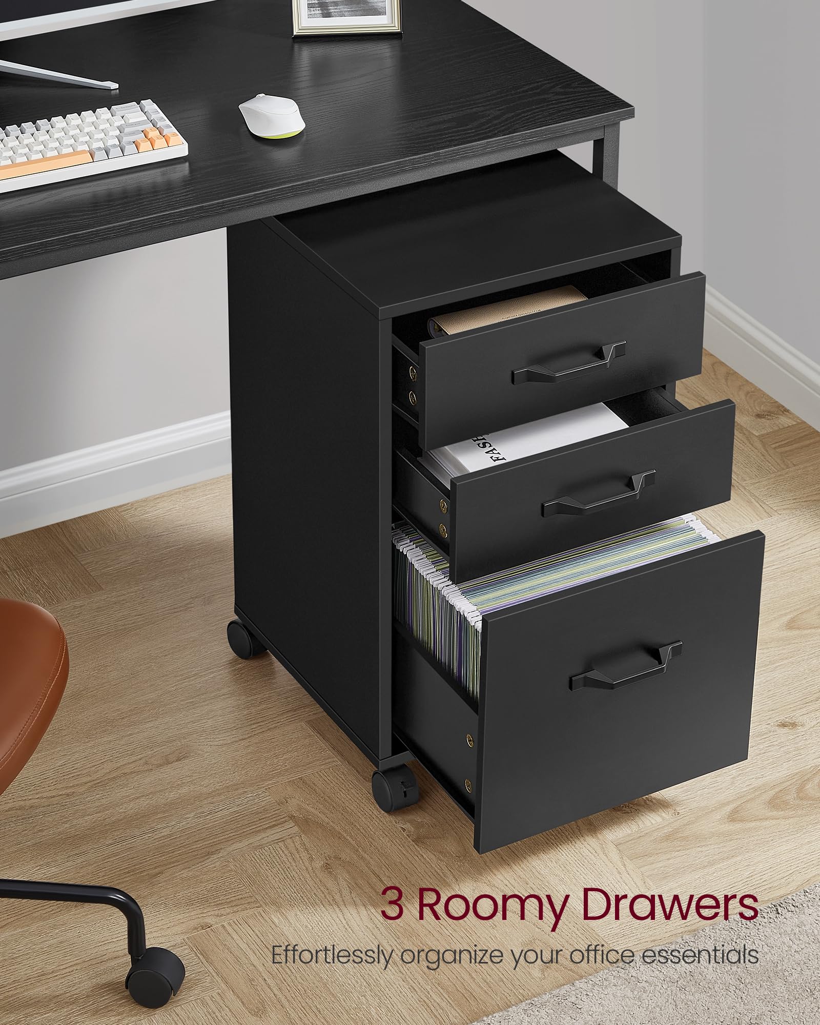 Mobile File Cabinet, 3 Drawers Filing Cabinet with Wheels, for Home Office, for A4, Letter Sized Documents, Adjustable Hanging Rail for File Folders, Ink Black