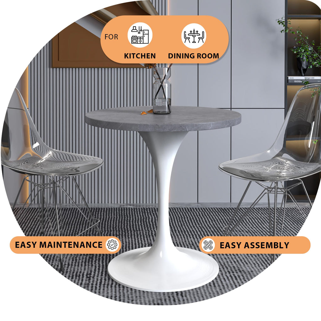 LeisureMod Verve Mid-Century Modern Dining Table with a 27" Round Sintered Stone Tabletop and White Stainless Steel Pedestal Base for Kitchen and Dining Room (Grey)