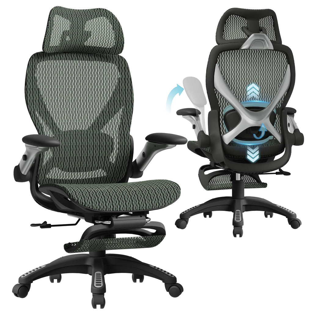X100 Ergonomic Mesh Office Chair with Footrest, Big and Tall Hone Desk Chair with 5D Flip-Up Arms, Adjustable 3D Lumbar Support,Gaming & Executive Computer Chairs for Long Hours (Dusty Sage)