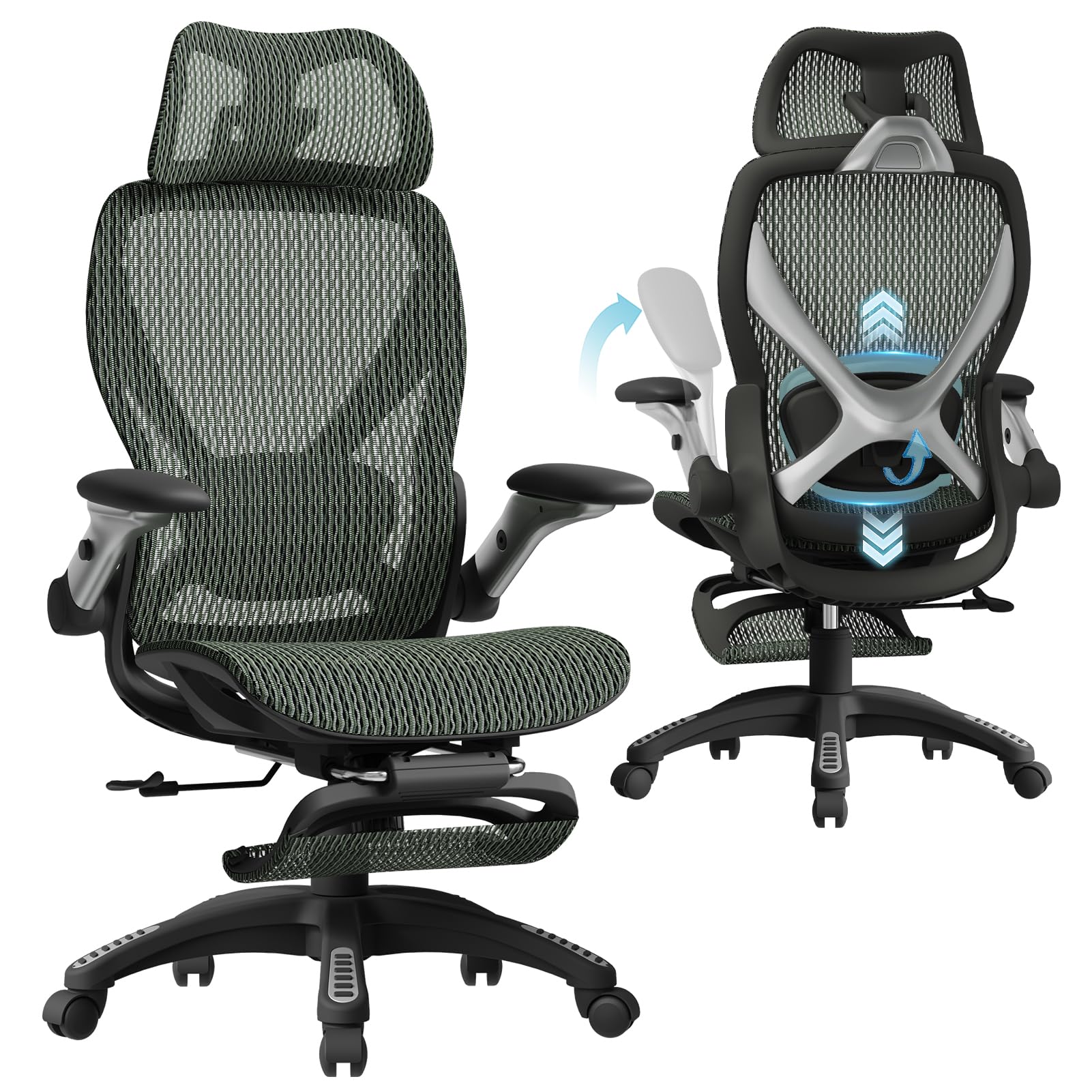 X100 Ergonomic Mesh Office Chair with Footrest, Big and Tall Hone Desk Chair with 5D Flip-Up Arms, Adjustable 3D Lumbar Support,Gaming & Executive Computer Chairs for Long Hours (Dusty Sage)
