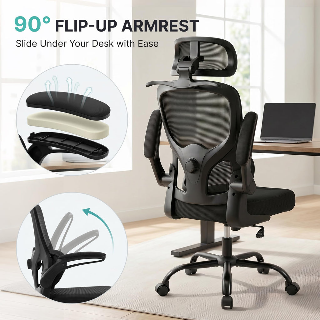 Ergonomic Office Chair, 330lbs Mesh Desk Chair with Adjustable Lumbar Support, 3D Headrest and Flip-Up Arms, Comfortable High Back Computer Chair for Home Office