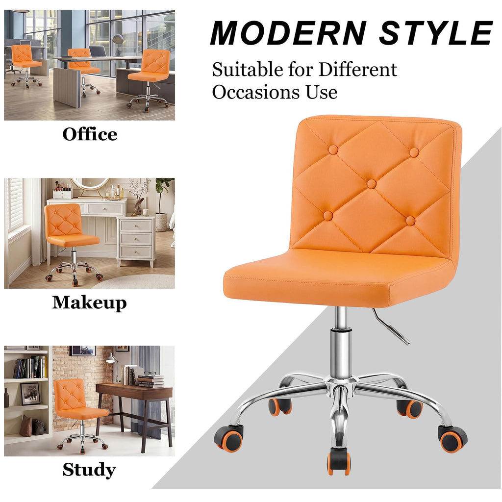 PU Leather Mid-Back Armless Vanity Chair Adjustable Height 360° Rolling Swivel for Office Work