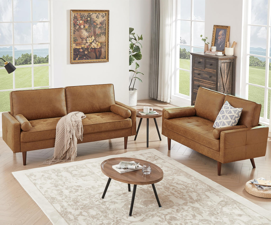 58" Loveseat Sofa Couch, Mid Century Modern Faux Leather Couch with Hand-Sewn Deep Love Seat & 2Pillows, Sofa for Office, Small Space, Bedroom, Solid Wood Frame, Brown