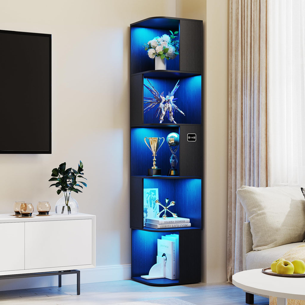 Modular LED Bookshelf with Motion Sensor and USB Charging - Natural Wood