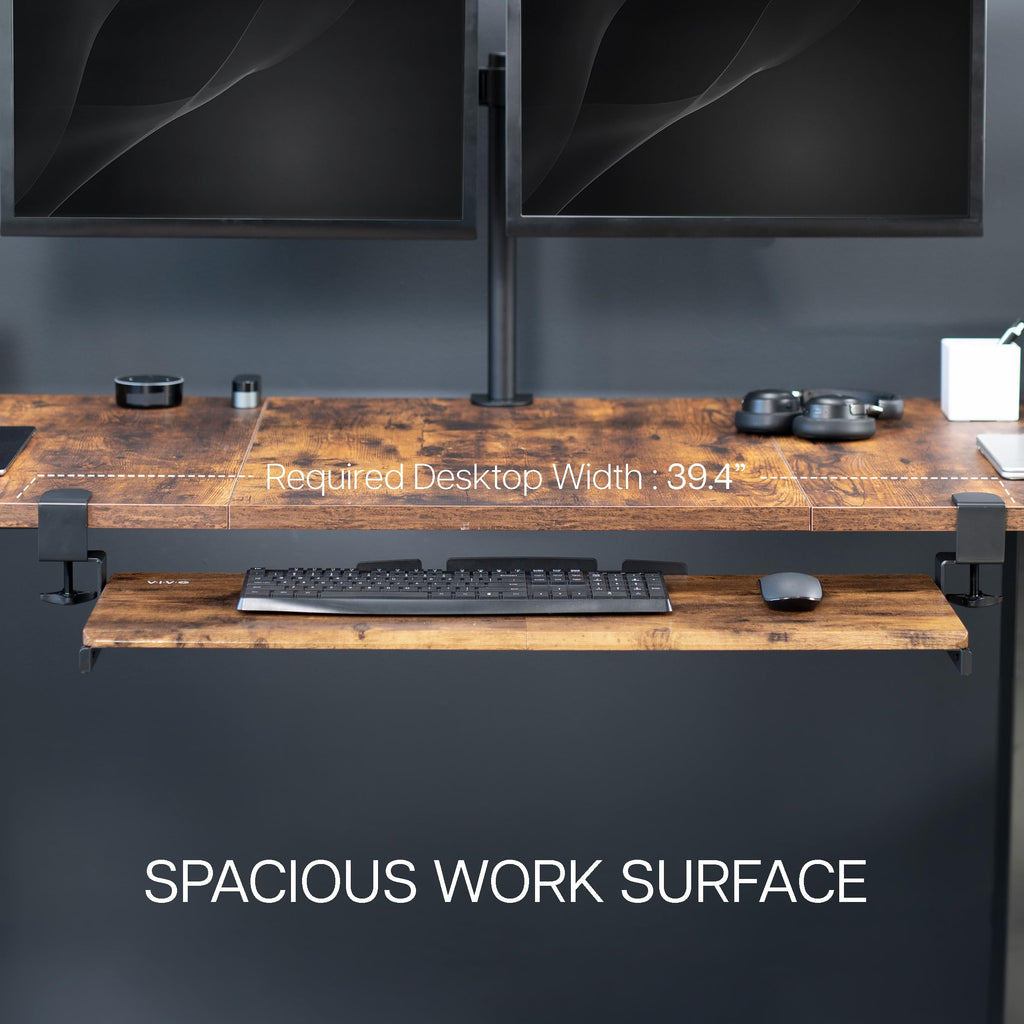 Extra Long Clamp-on Computer Keyboard and Mouse Under Desk Slider Tray, 34 x 11 inch Pull Out Platform Drawer, Rustic Vintage Brown