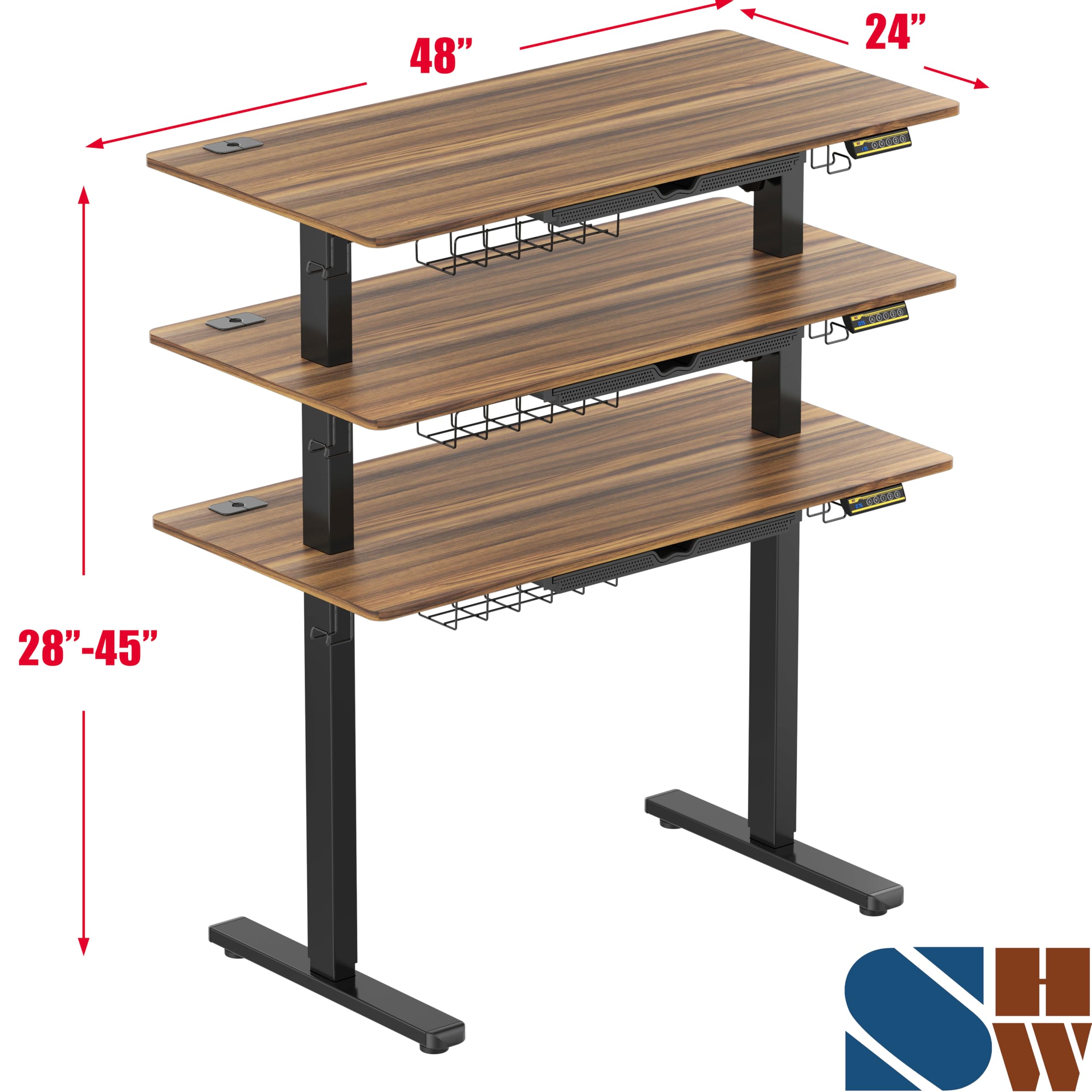 48-Inch Electric Height Adjustable Standing Desk with Drawer, Memory Preset and Cable Management Tray, Walnut
