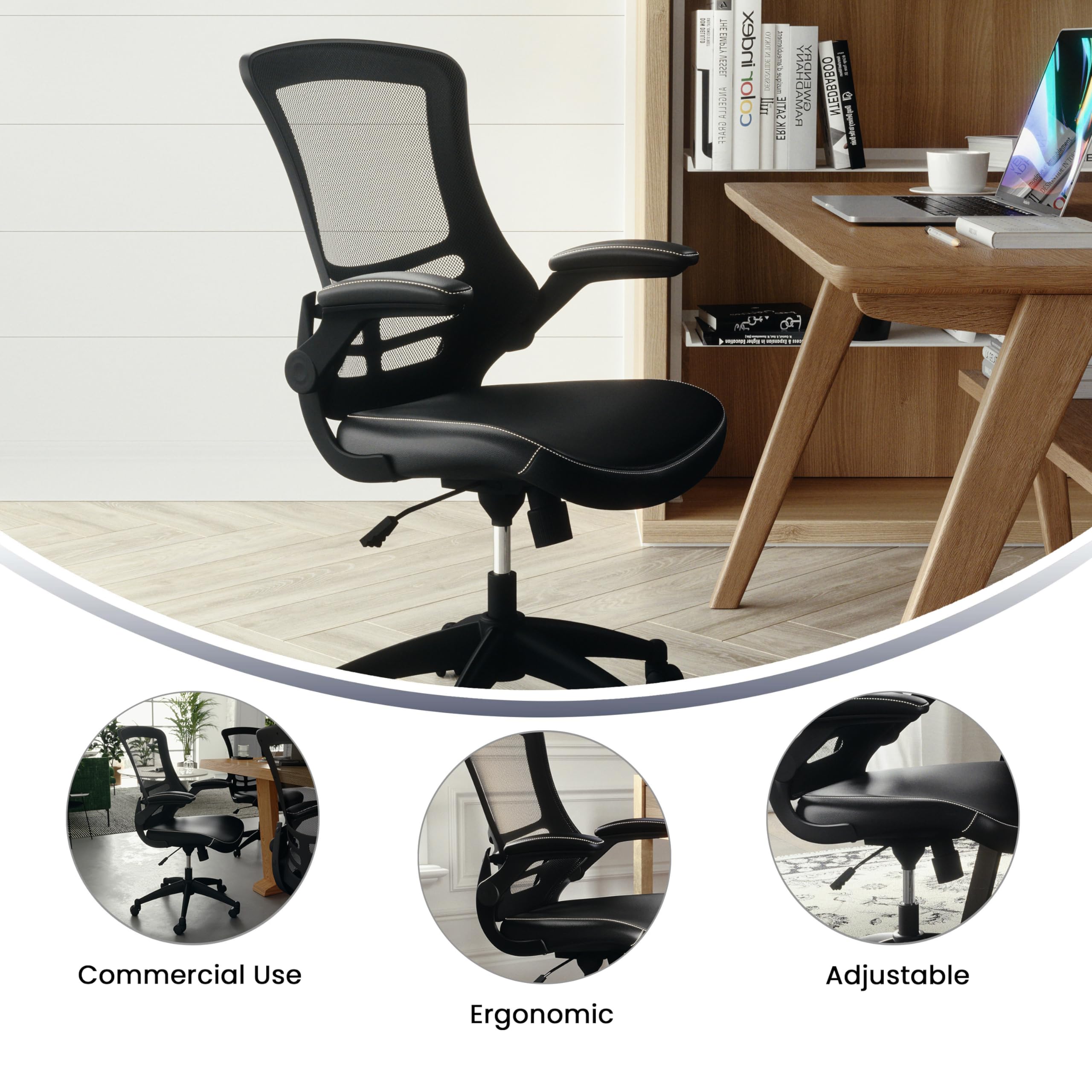 Mid-Back Swivel Office Chair with Adjustable Seat Height, Ergonomic Mesh Desk Chair with LeatherSoft Seat, Black