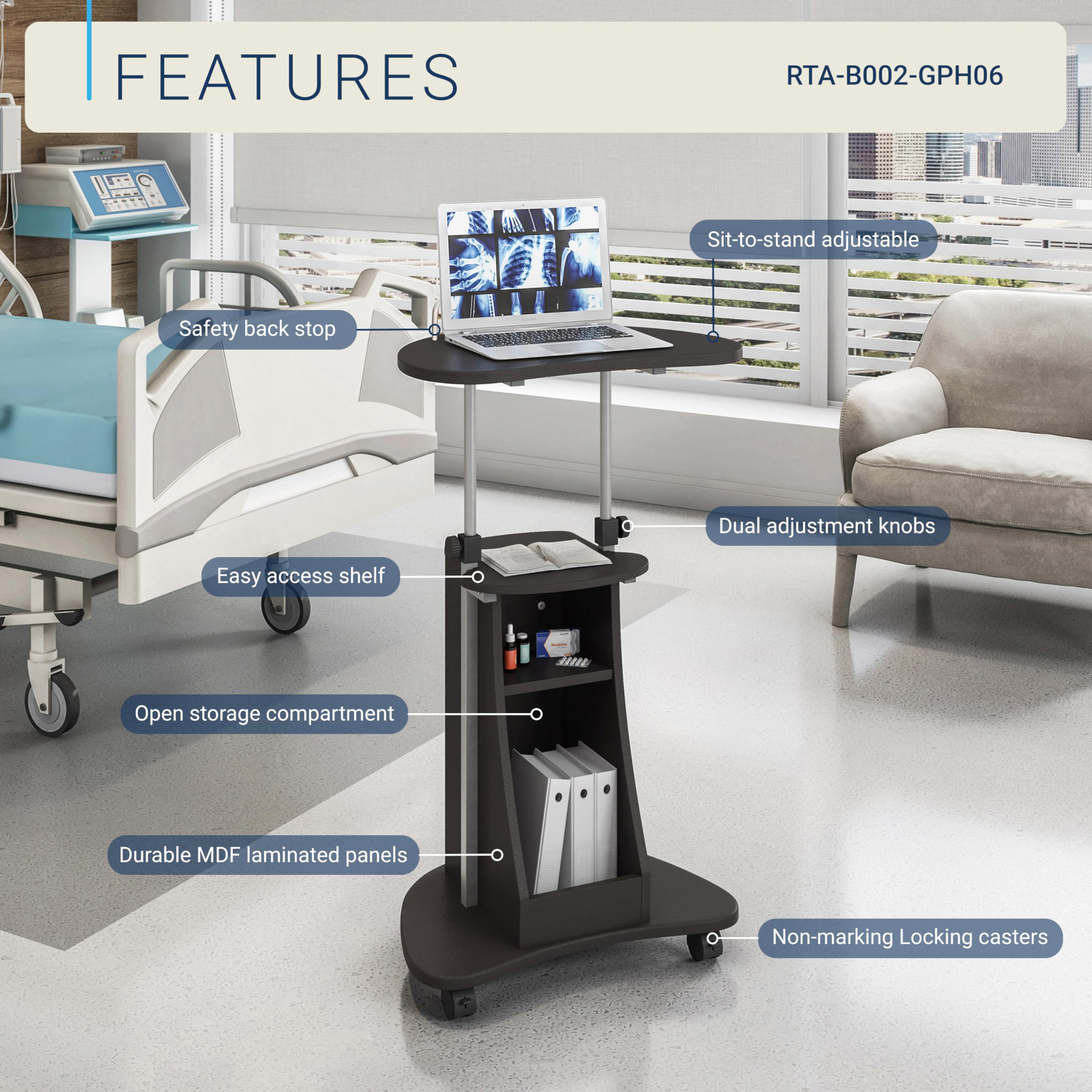 Sit-to-Stand Rolling Adjustable Height Laptop Cart with Storage, Graphite, 22 x 16 x 46