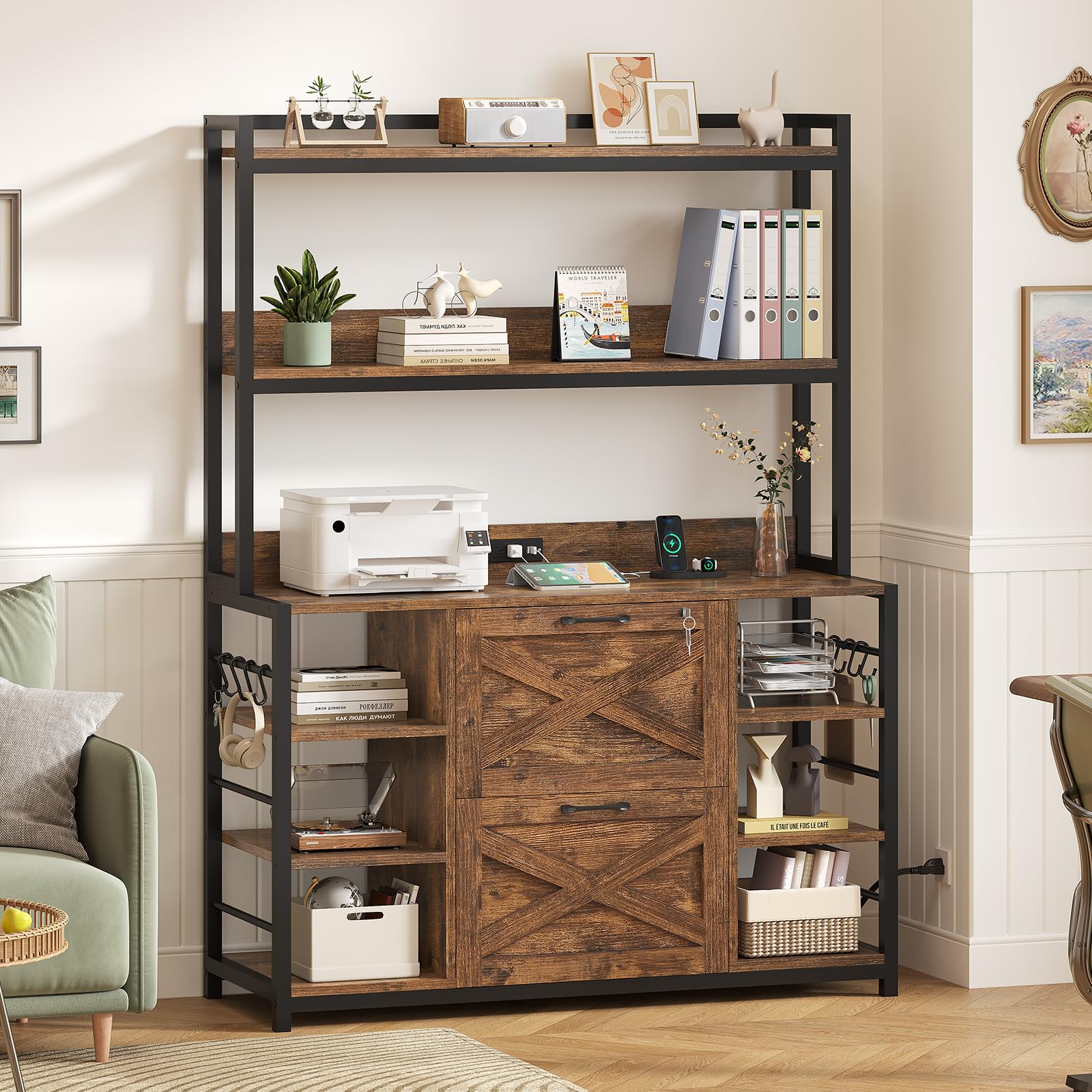 File Cabinet, Filing Cabinet fits Legal/Letter/A4 Size, 2 Drawer Filing Cabinets for Home Office with Lock, Power Strip and Open Storage Shelves, Rustic Brown