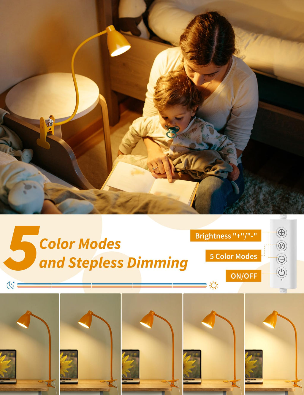 Clip on Light, Desk Lamp with Clamp, 5 Color 10 Brightness Yellow