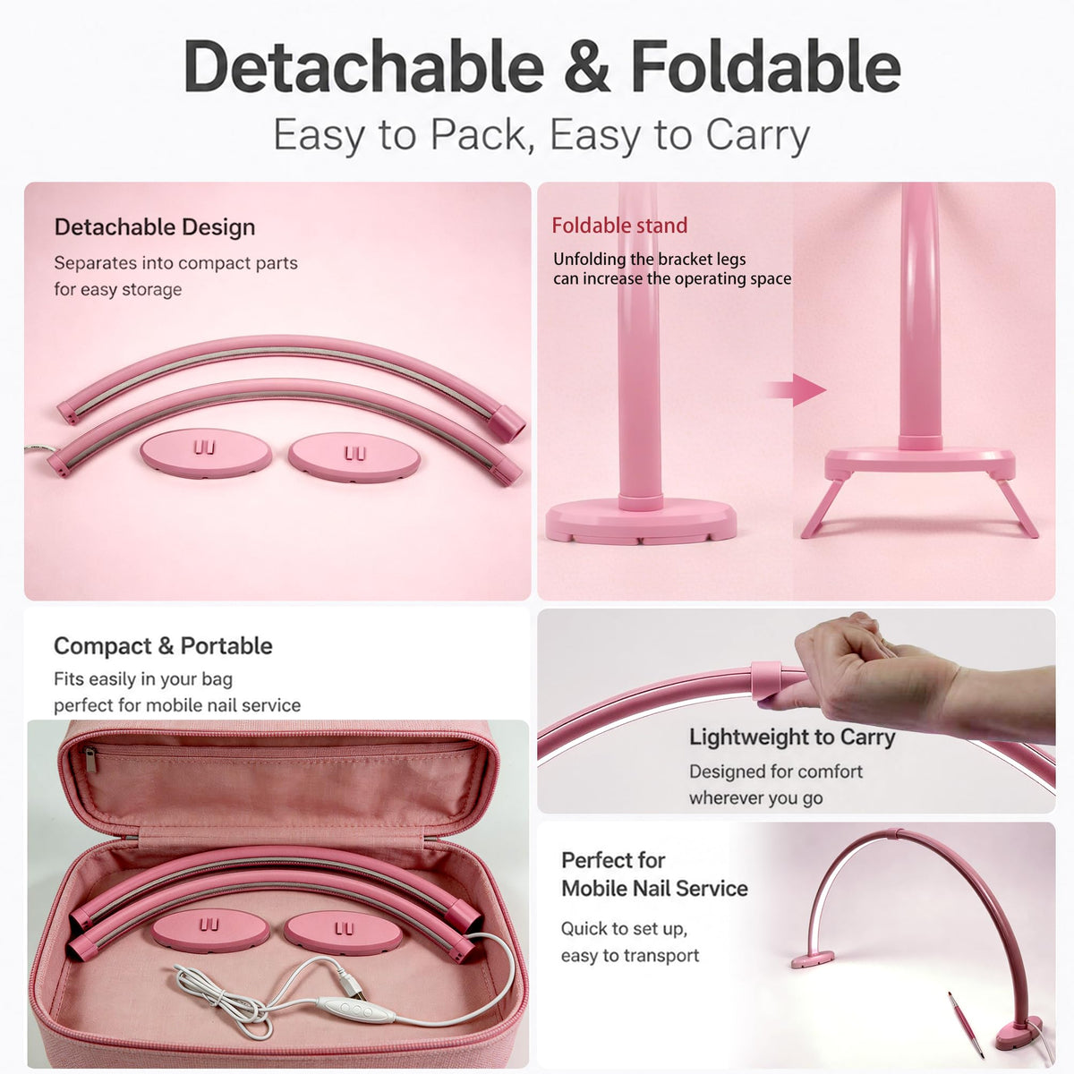 Half Moon Nail Desk Lamp, 23” Foldable Nail Tech Light, 10-Level Dimming & 3 Color Temperatures, Pink Arch Light for Manicure, Eyelash, Tattoo & Skin Care
