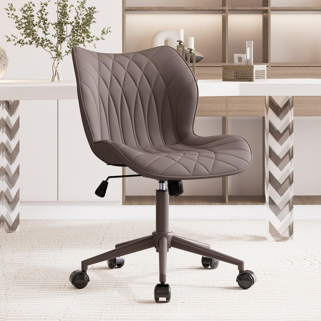 Armless Desk Chair Comfy Office Chair with Wheels Home Ergonomic Task Chair Adjustable Computer Chairs Modern Faux Leather Swivel Chair Upholstered Makeup Vanity Chair with Back(Brown)
