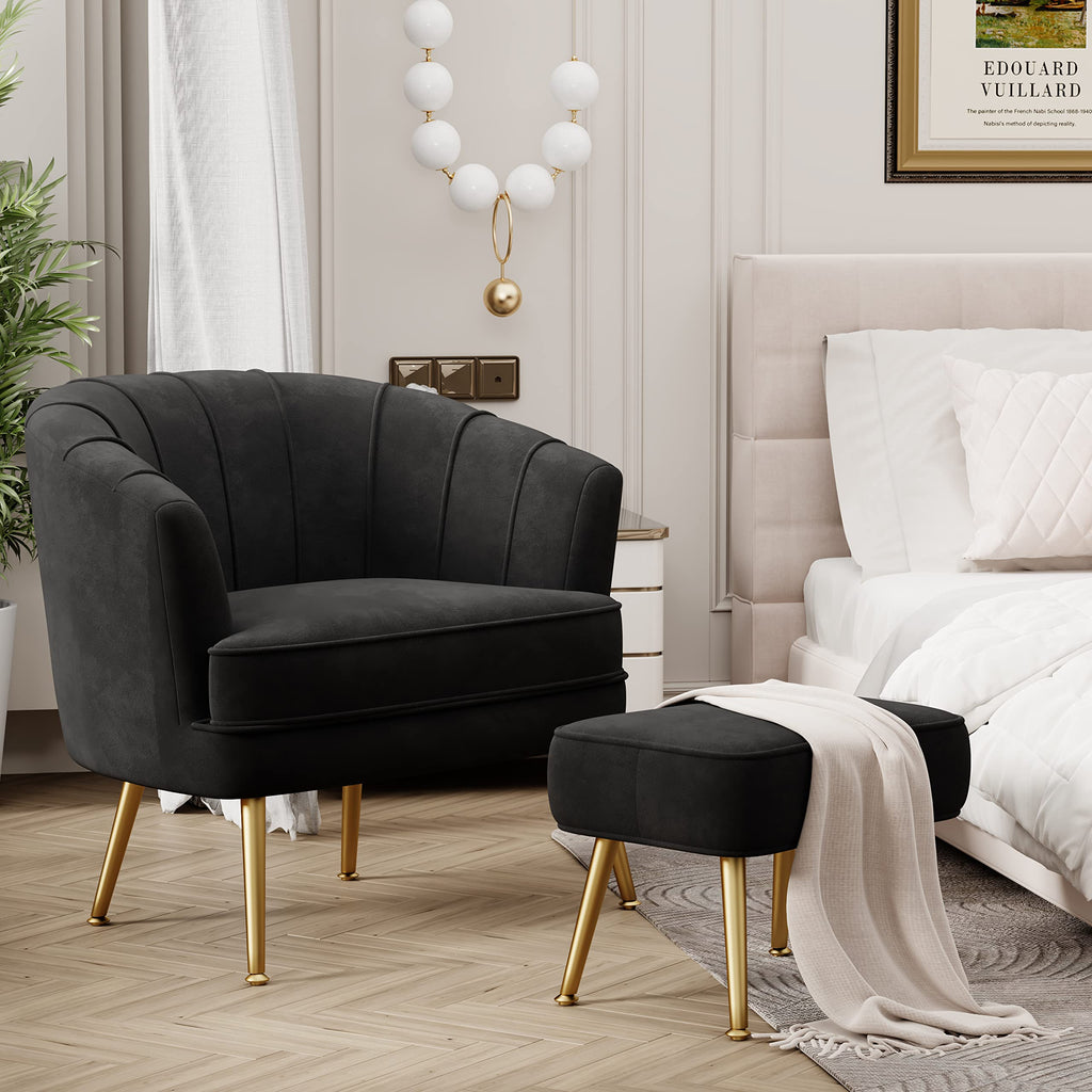 Velvet Accent Chair with Ottoman, Upholstered Modern Single Sofa Side Chair,Comfy Barrel Club Living Room Armchair with Golden Metal Legs for Office Bedroom Living Reading Room , Black