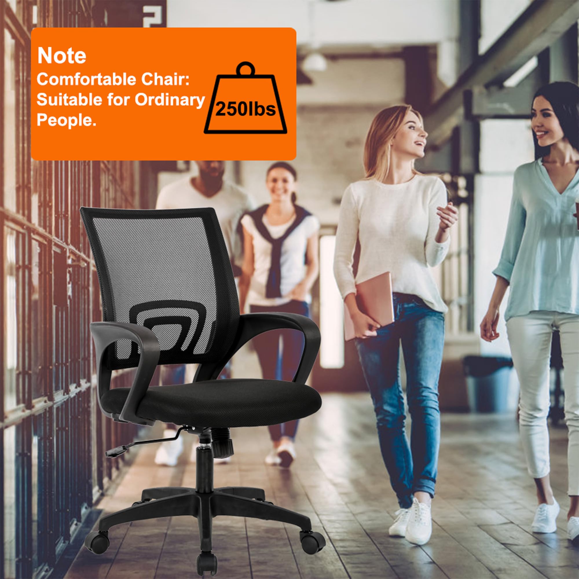 Ergonomic Office Chair | Mid-Back Swivel Desk Chair | Breathable Backrest & Lumbar Support | Adjustable Height | Sponge Seat | Rolling Wheels | Black | for Adults & Women | Pack of 2