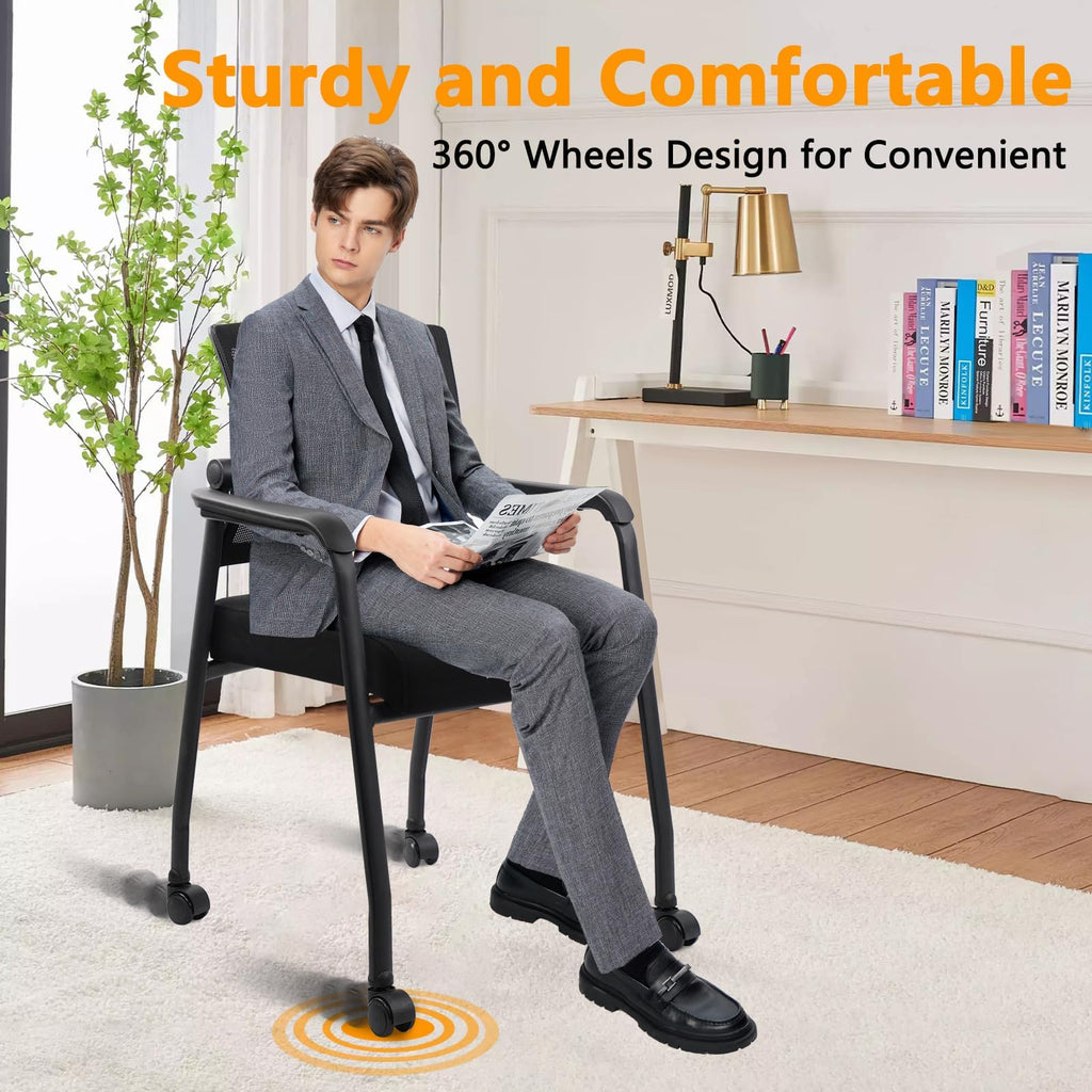 Waiting Room Chairs with Wheels, Adjustable Mesh Backrest, Desk Chair with Ergonomic Lumbar Support and Thickened Seats Cushion, Black