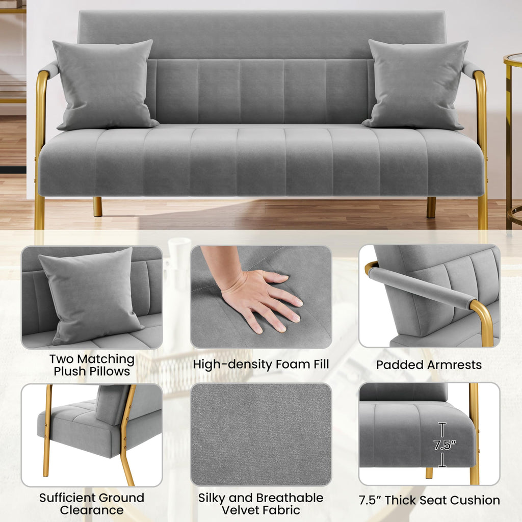 56.5" W Modern Sofa Small Sofa Luxurious Velvet Fabric Couch with Gold-Tone Metal Arms and Legs for Living Room, Office, Studio Light Gray