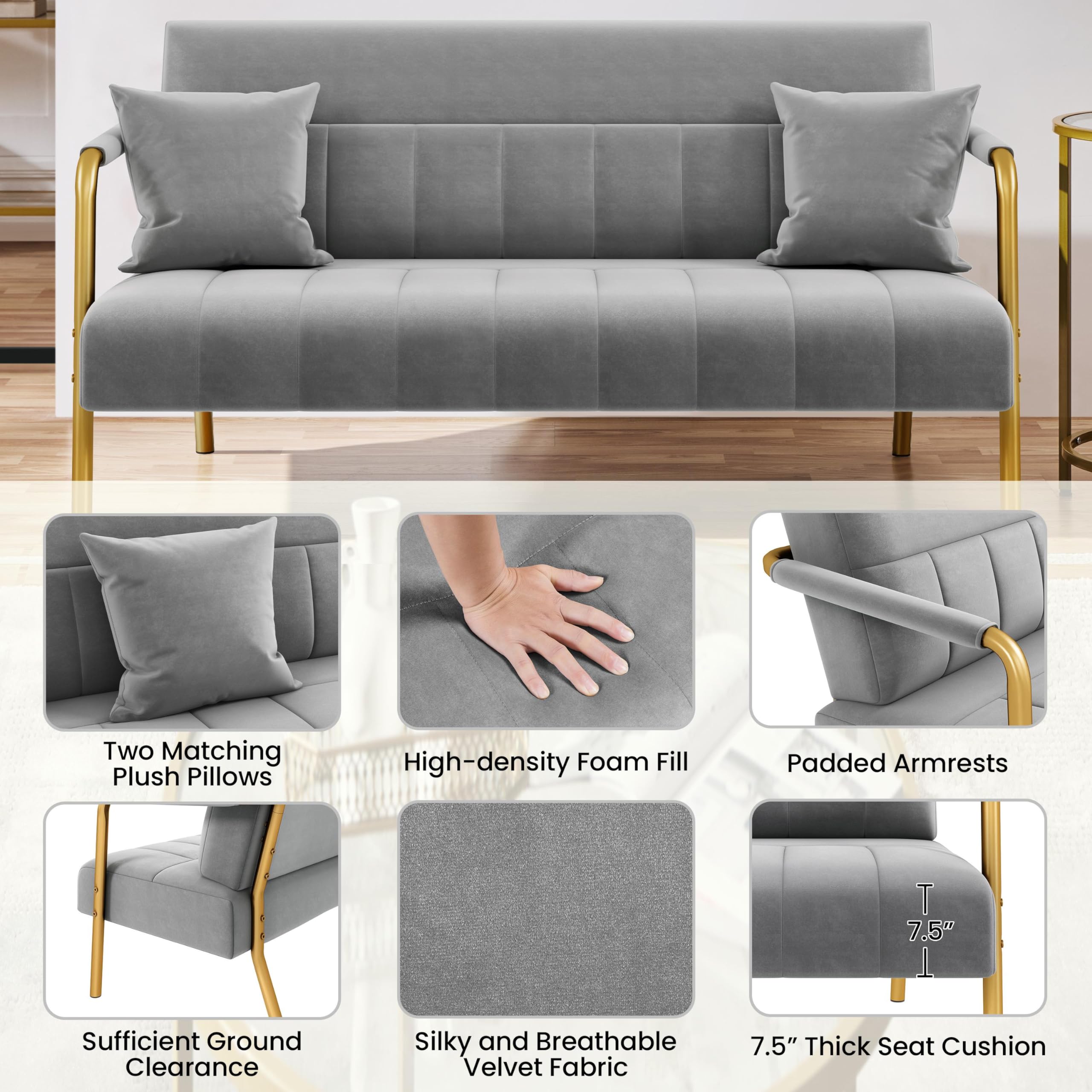 56.5" W Modern Sofa Small Sofa Luxurious Velvet Fabric Couch with Gold-Tone Metal Arms and Legs for Living Room, Office, Studio Light Gray