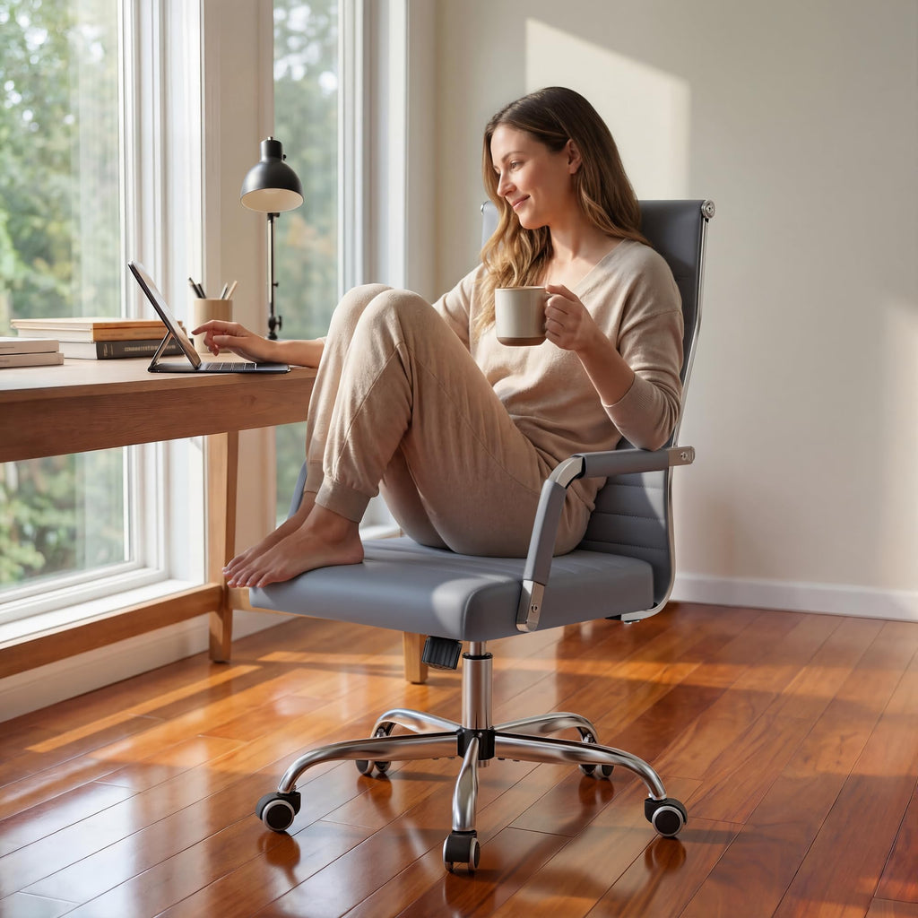 Ergonomic Office Desk Chair, Executive Ribbed Mid-Back PU Leather Conference Room Chair Adjustable Swivel Chair with Arms (1, Grey)