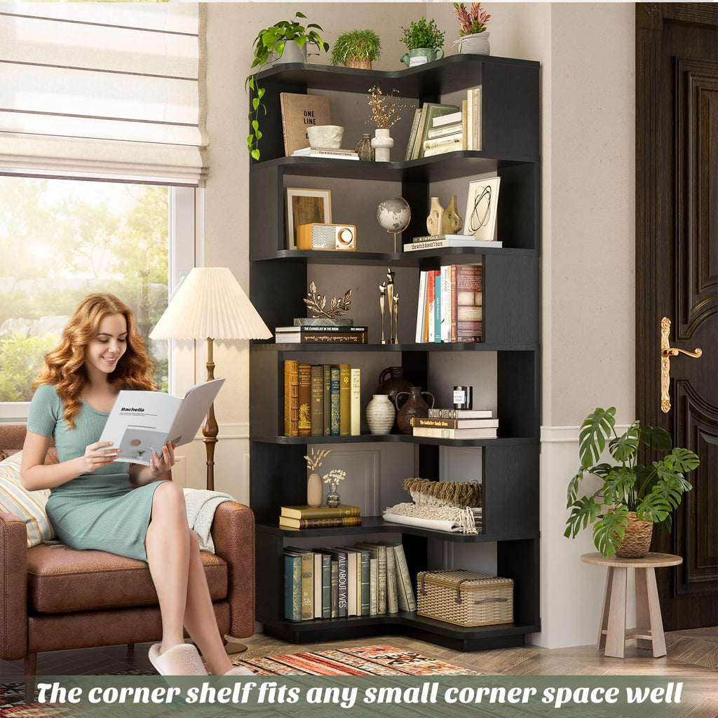 Corner Book Shelf, 7-Shelf L Shaped Corner Bookshelf with Baffle