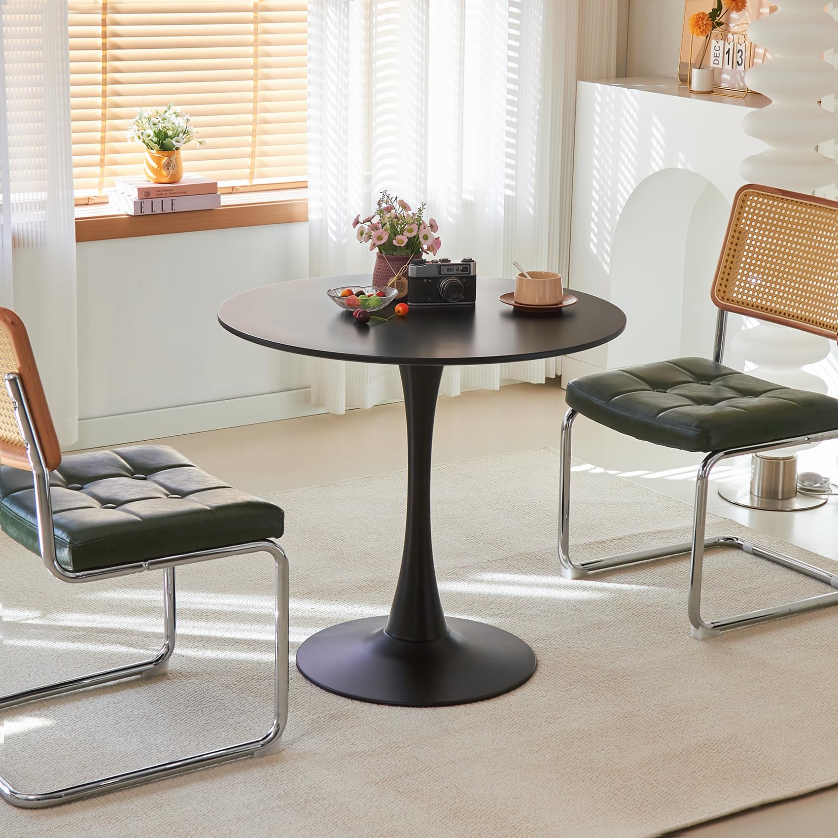 Hansweld Round Dining Table, 31.5" Circle Tulip Table with Thickened Tabletop & Metal Pedestal, Mid Century Modern Bistro Table for Kitchen, Small Places, Living Room, Cafe (Black)