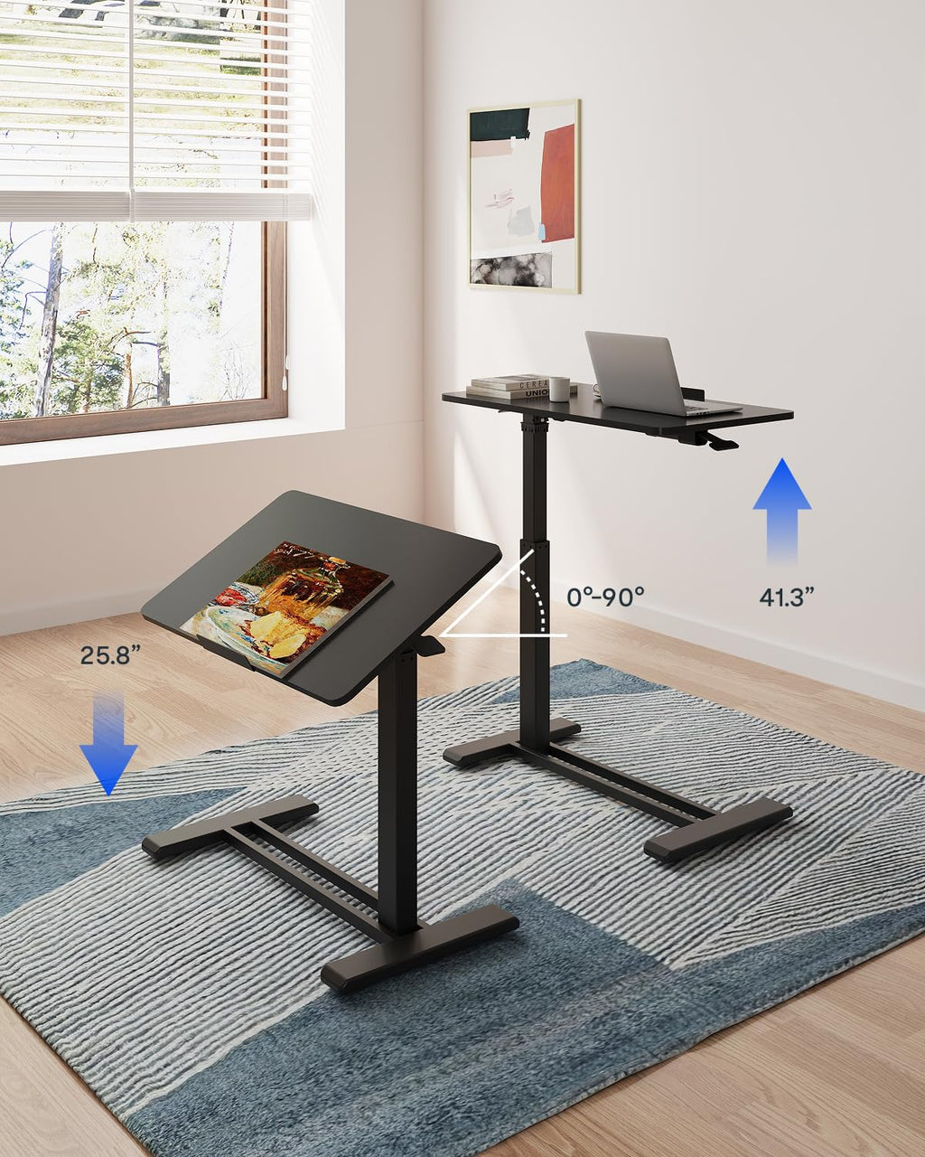 H7 PRO Mobile Standing Desk Adjustable Overbed Table Pneumatic with Wheels 90°Tiltable Portable Laptop Desk Rolling Computer Cart Foldable Bedside Table(31.5" W x 17.7" D D, Black)
