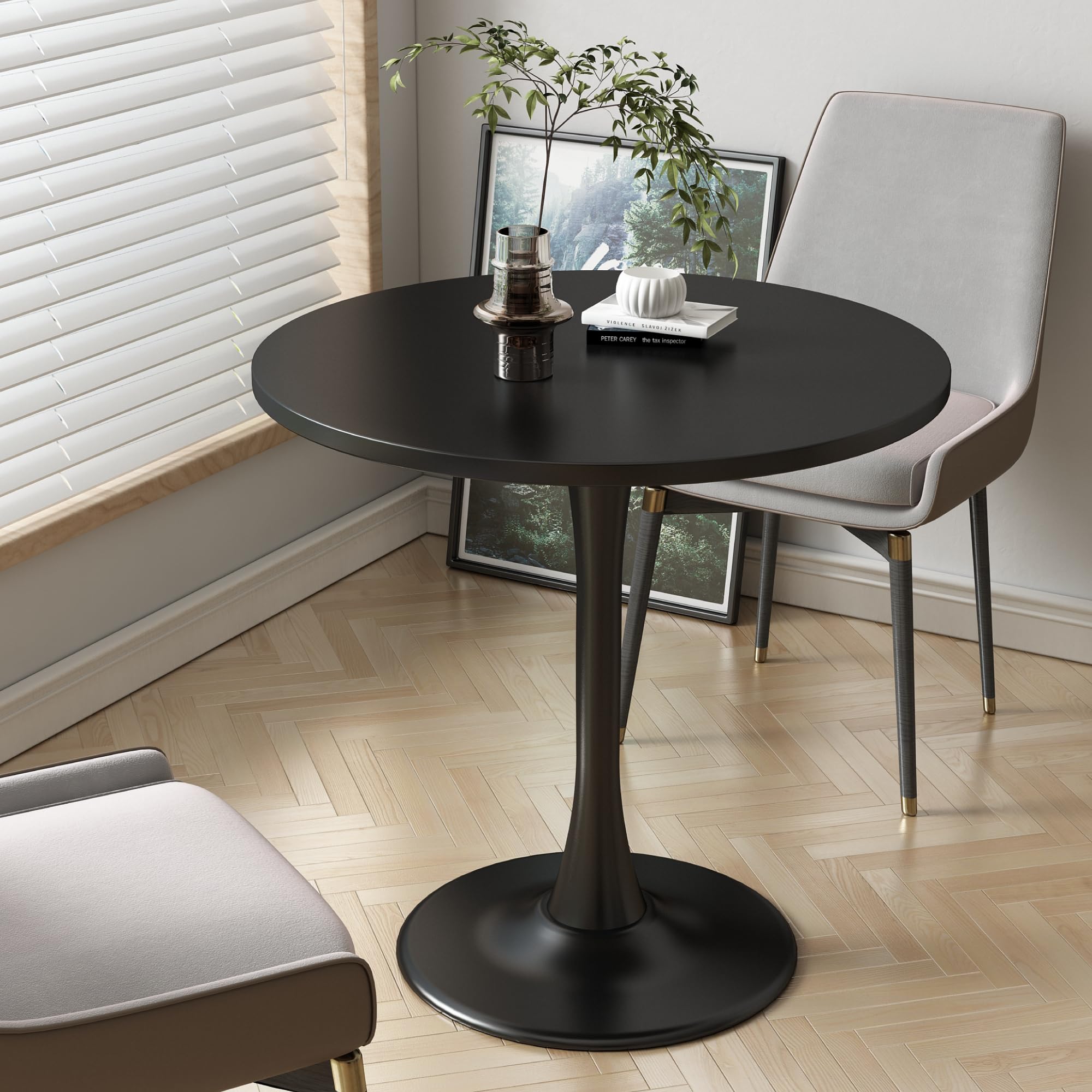 Kasinali Round Dining Table 30" Circle Tulip Table with Wood Thickened Tabletop & Sturdy Metal Pedestal Mid Century Modern Leisure Bistro Kitchen Tables 4 People Small Places Living Room Cafe,Black