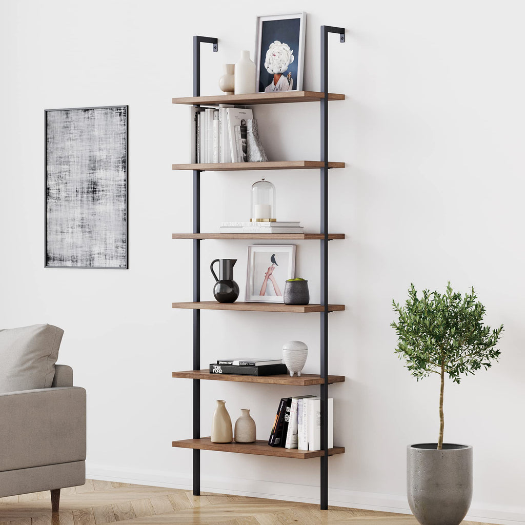 6-Shelf Tall Bookcase, Wall Mount Bookshelf with Reclaimed Wood and Industrial Metal Frame, Oak/Black