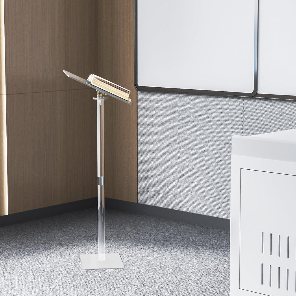 Acrylic Podium Stand, Angle Adjustable, Modern Lecterns & Pulpits for Classroom, Concert, Church, Speech, Easy Assembly, Metal Base, 23.6" L x 15.7" W x 42.3" H, Clear
