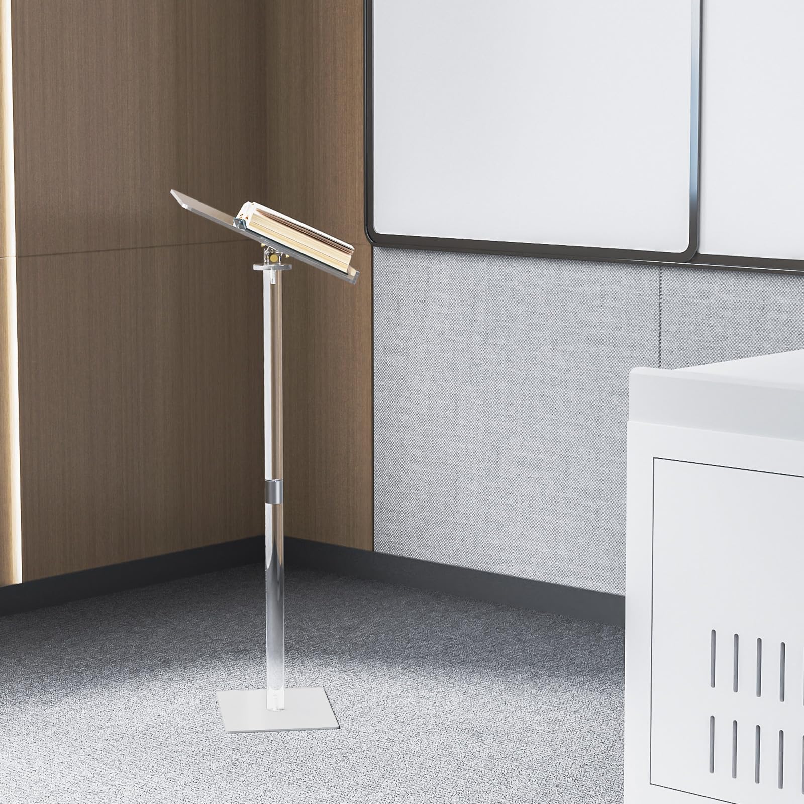 Acrylic Podium Stand, Angle Adjustable, Modern Lecterns & Pulpits for Classroom, Concert, Church, Speech, Easy Assembly, Metal Base, 23.6" L x 15.7" W x 42.3" H, Clear