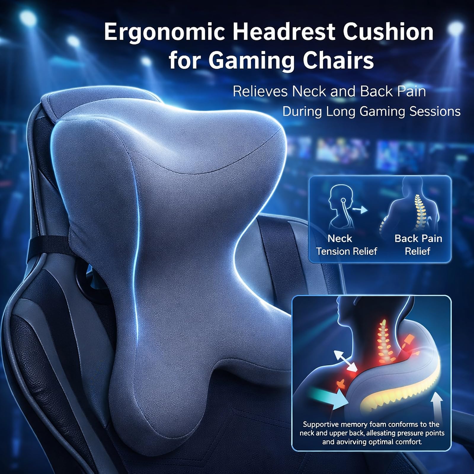 Headrest Pillow/Gaming Chair Pillow with Adjustable Strap Removable Cover Ergonomic Design Neck Support Pillow for Car, Office Chair, Gaming Chair (Grey)
