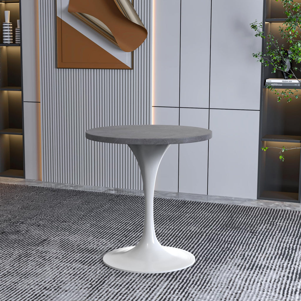 LeisureMod Verve Mid-Century Modern Dining Table with a 27" Round Sintered Stone Tabletop and White Stainless Steel Pedestal Base for Kitchen and Dining Room (Grey)