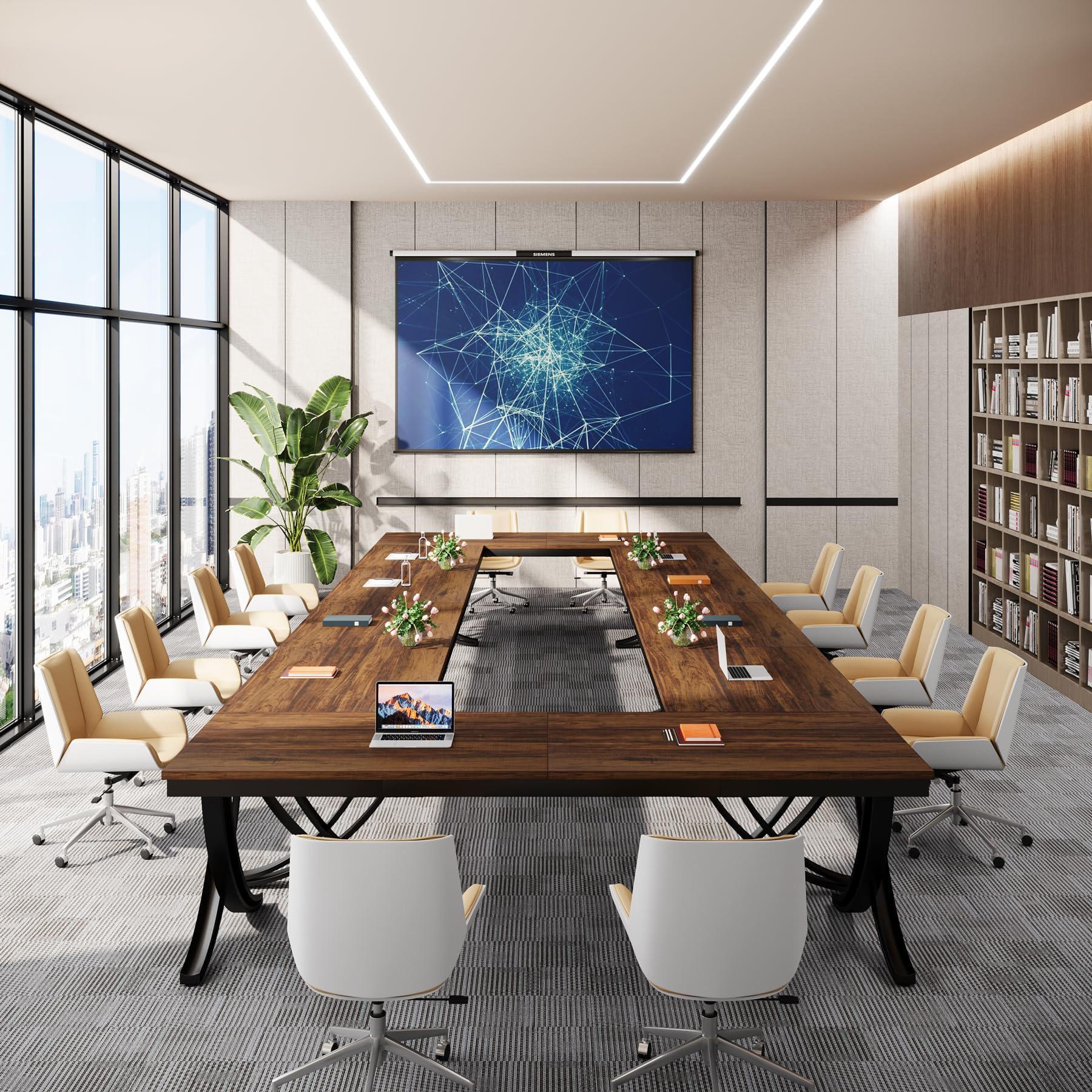 6.5FT Conference Table for 6-8 People, 78 inch Long Rectangular Seminar Table with Strong Metal Frame, Business Furniture Boardroom Desk for Office Meeting Conference Room (2PCS, Brown)