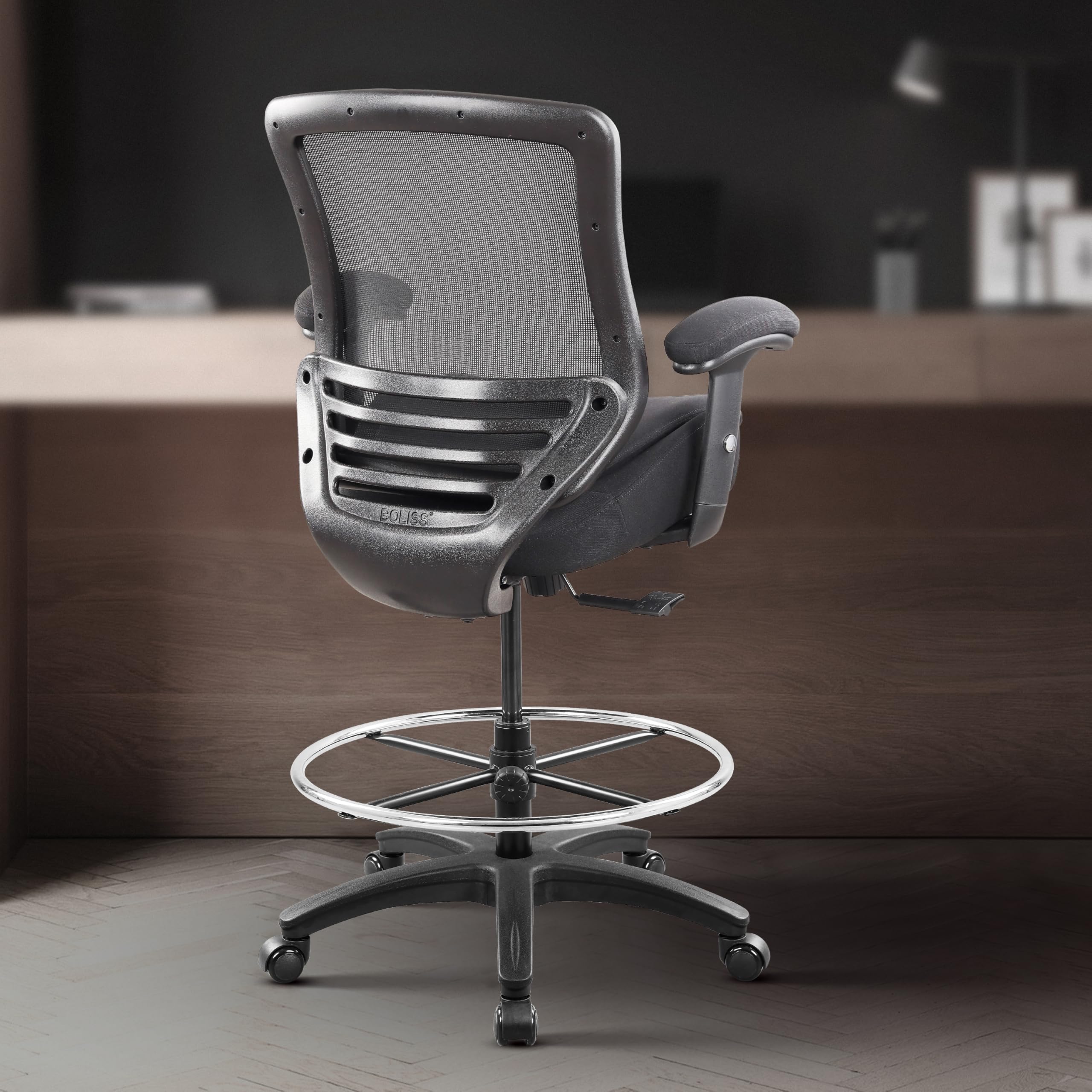 400lbs Ergonomic Office Drafting Chair Mid Mesh Back for Height Adjustable Desk 21inch Foot Ring Height Adjustable Armrest (Black) ﻿