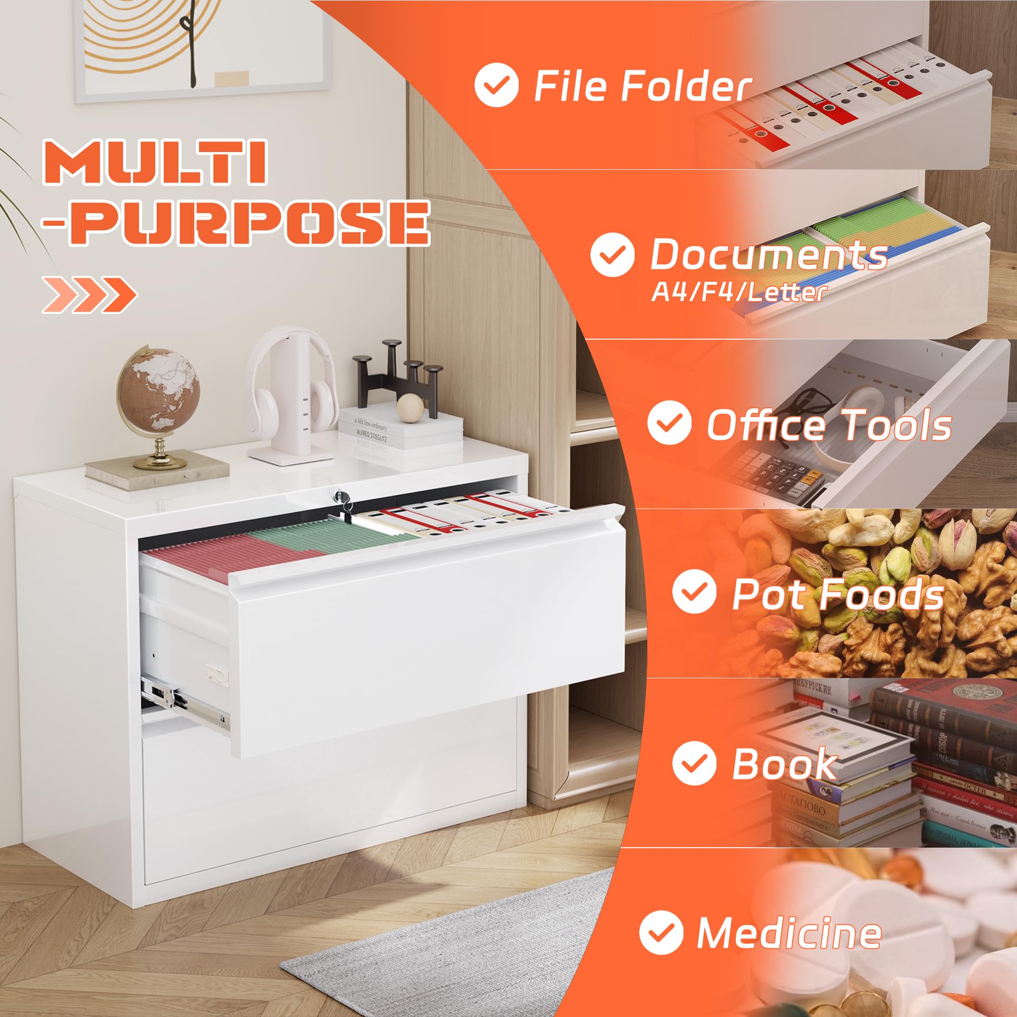 Lateral File Cabinet 2 Drawer, White Metal File Cabinets for Home Office, Locking File Cabinet for Letter/Legal/F4/A4 Size Hanging Files, Easy Assembly