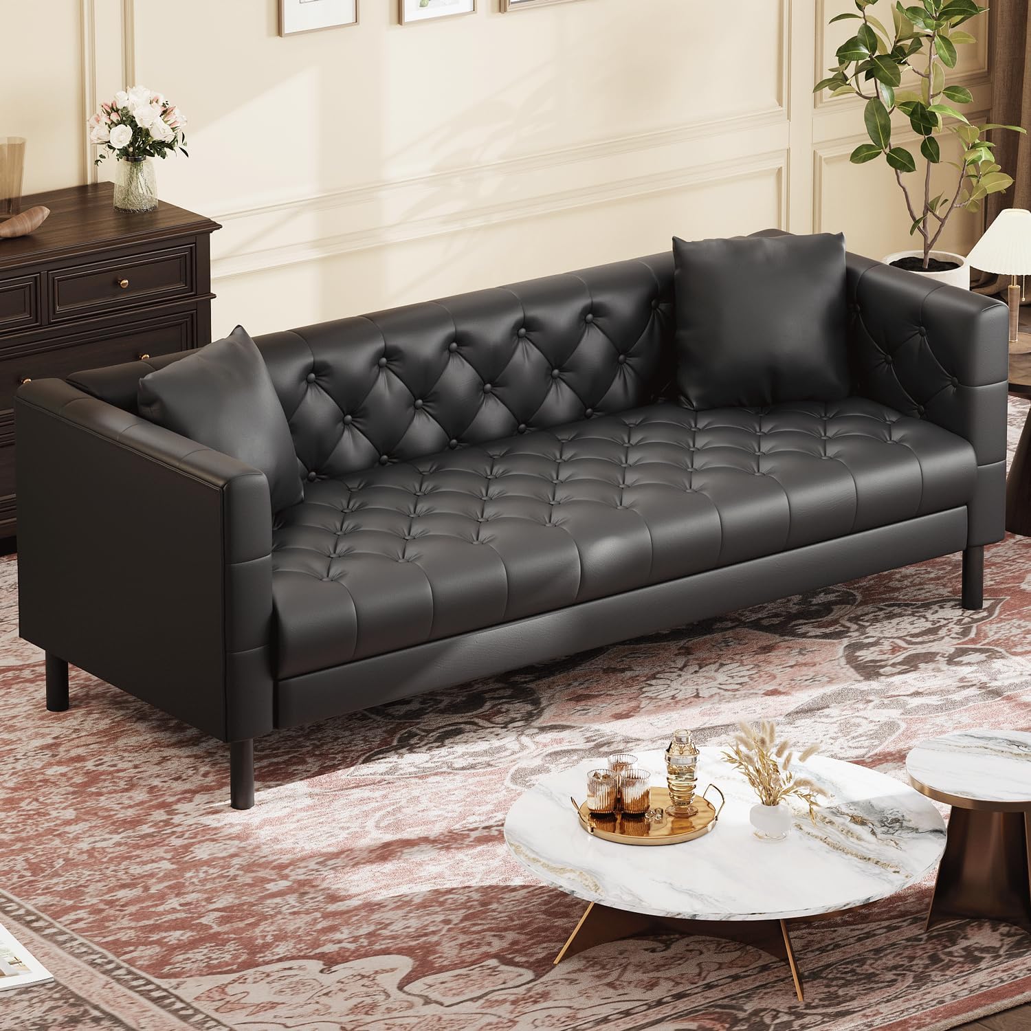 81 in Leather Couch, Modern Leather Sofa with Deep Seat, Handmade Button Tufted 3 Seater Sofa, Chesterfield Couch for Apartment or Office, Black