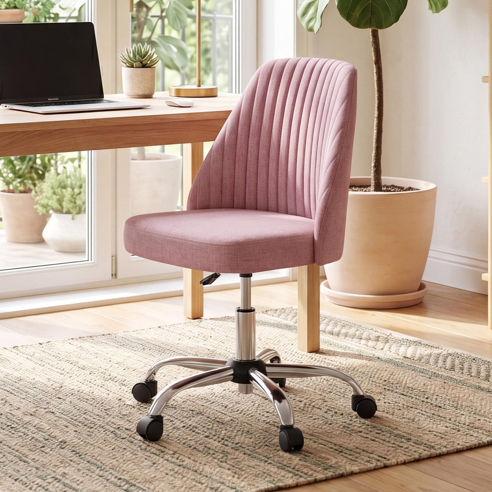 Office Chair, Comfy Desk Chair Rolling Vanity Swivel Task Chairs with Wheels, Wide Seating Armless Height Adjustable Computer Chairs for Home,Bedroom,Student,Adults, Blush