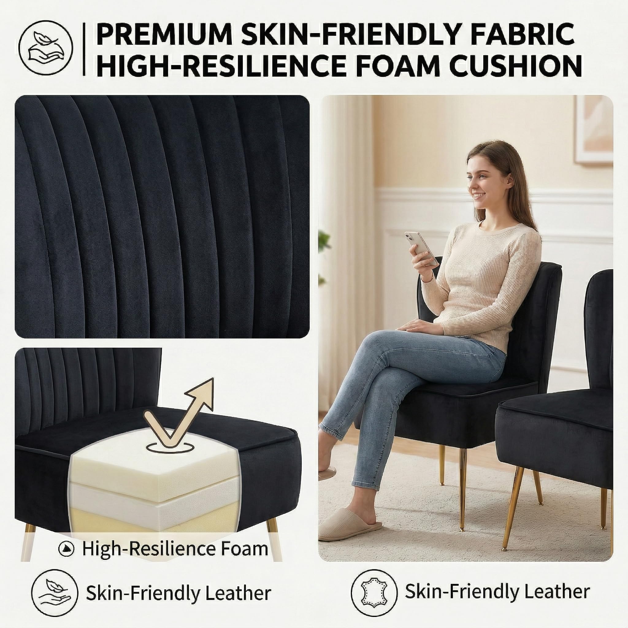 Modern Velvet Accent Chairs Set of 6, Comfy Slipper Chair with Heavy Duty Iron Frame & Gold Legs, Mid Century Side Sofa Chair for Living Room Bedroom Vanity(Black)