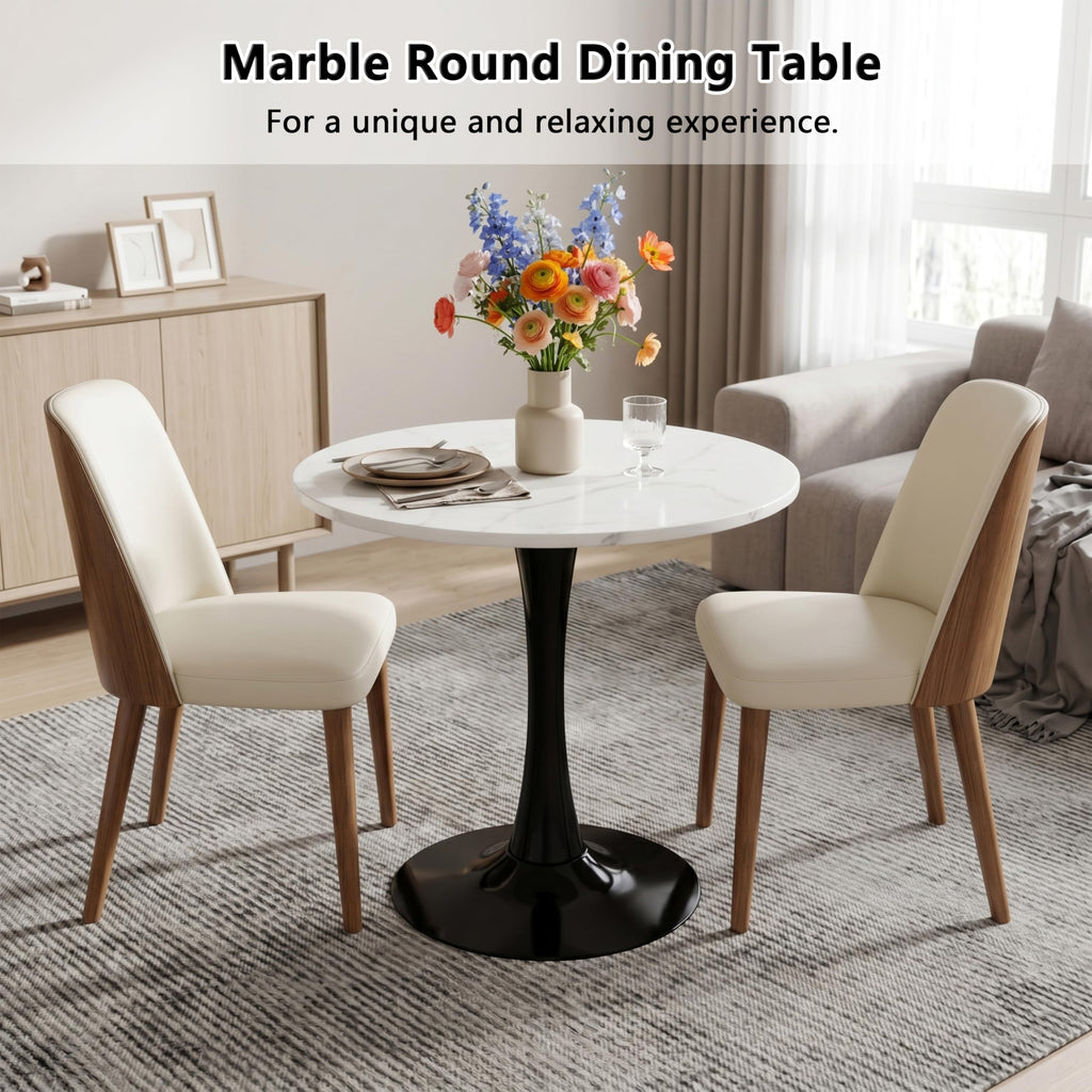 Sybrioka 27.6" Marble Round Tulip Table, Mid-Century Modern Style Dining Table with Black Pedestal Base for 2-4 People, Featuring A Marble Tabletop for Kitchen, Dining Room, Cafe (White)