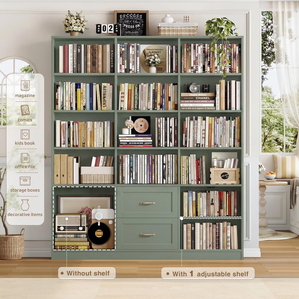 71" Tall Triple Wide Bookshelf with Storage Drawers & Doors, Green