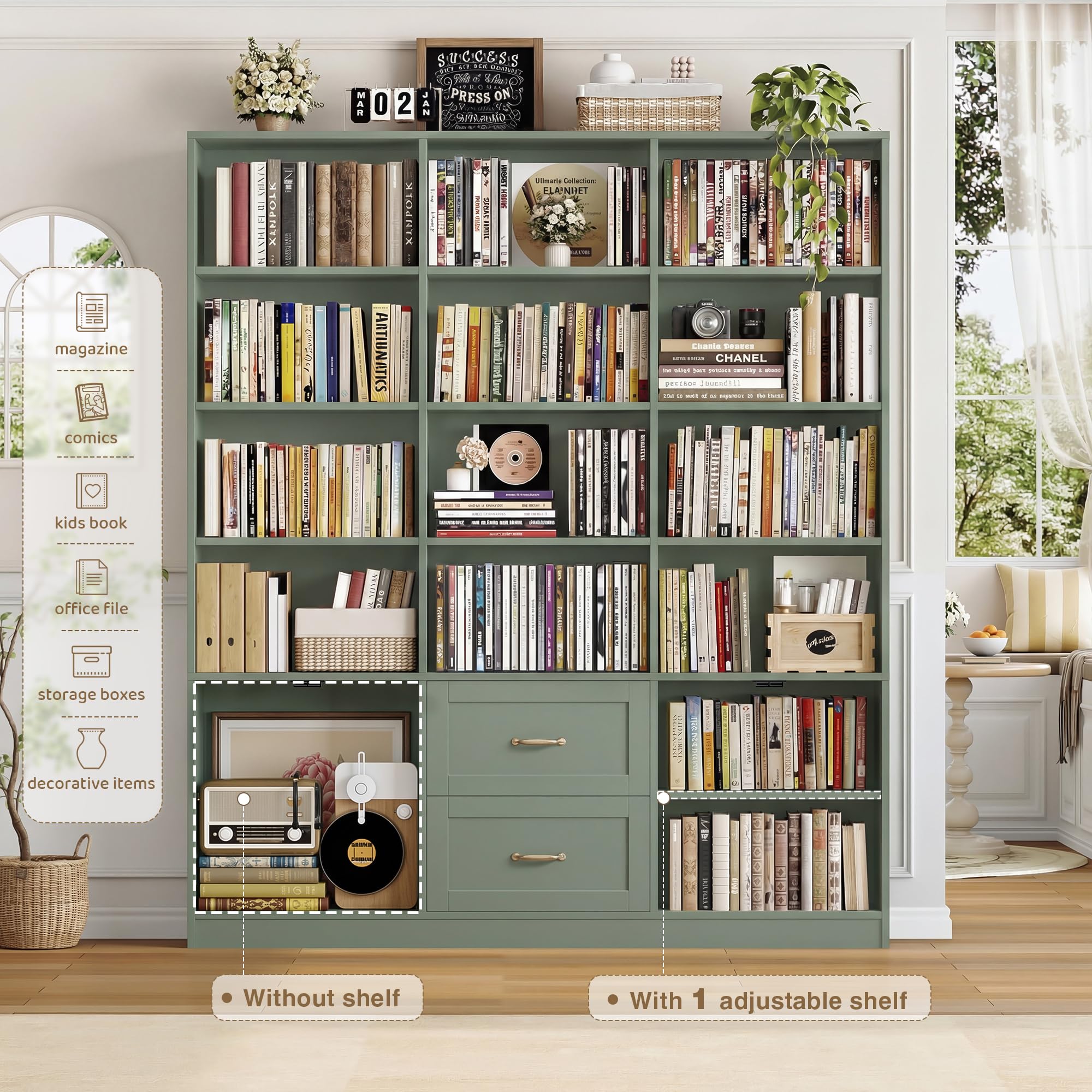 71" Tall Triple Wide Bookshelf with Storage Drawers & Doors, Green